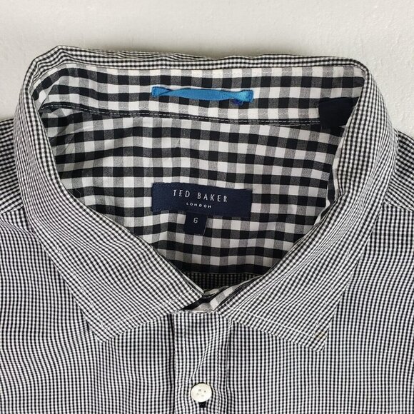 Ted Baker London Button Up Shirt Mens US XXL 6 Black Checker Long Sleeve Collar - Picture 4 of 11
